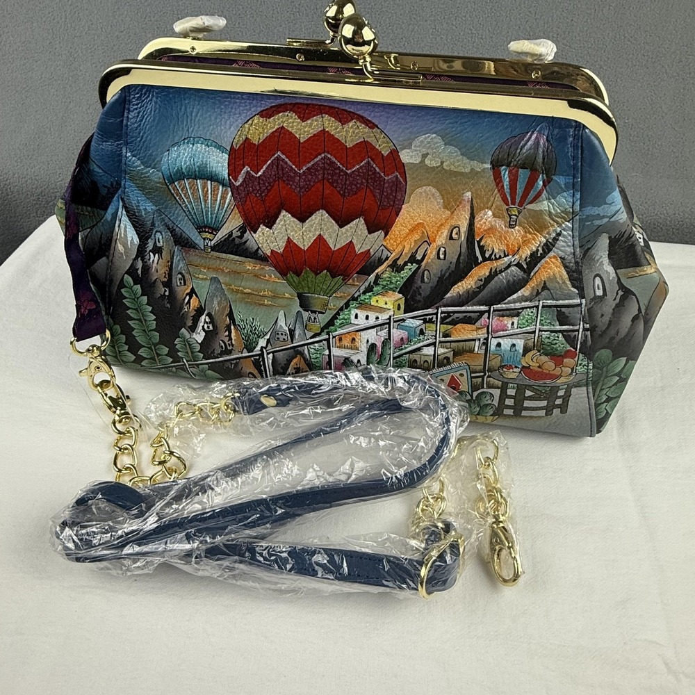 Anuschka Hand Painted Bag Purse Leather Hot Air Balloon Kiss Lock Crossbody NWT - Picture 13 of 14